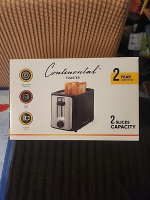 NEW - NEVER USED - CONTINENTAL BLACK 2 SLICE TOASTER -IN ORIGINAL BOX-WIDE SLOTS