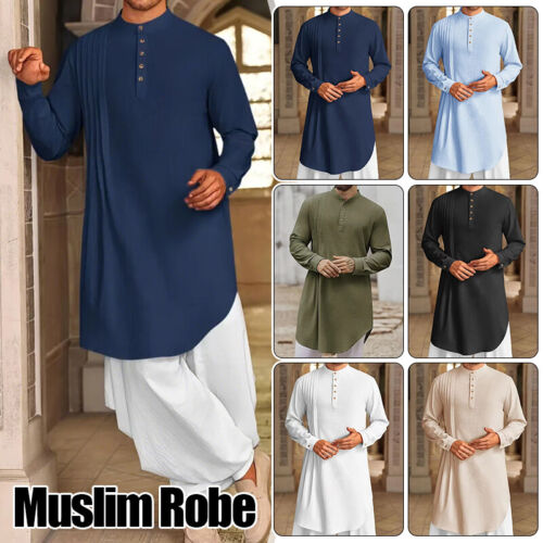 Muslim Men's Button Cotton Linen Shirt Muslim Robe, - Picture 2 of 30