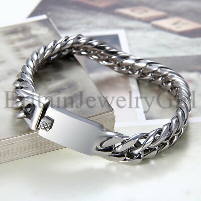 8.7 Stainless Steel Cuban Curb Chain Bangle Bracelet For Men - 12mm Wide, Punk Biker Style