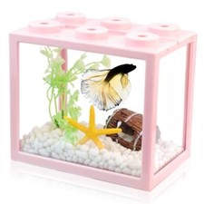 Small Betta Fish Tank, Stackable Mini Fish Tank Tiny Aquarium Tank Kit Pink