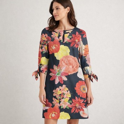VILAGALLO Floral Sheath Dress Size 38 Made in Spain Cotton Lined 3/4 Tie Sleeve
