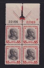 1938 Calvin Coolidge PREXY $5 Sc 834 MNH VF plate block of 4 (YD