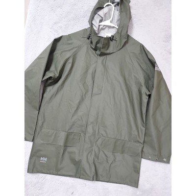 Helly Hansen Jacket Mens Medium Work Wear Rain Hooded Waterproof PVC Green Coat