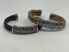 VINTAGE ESPO SIG 925 STERLING, LEATHER CUFF BRACELETS  BLACK & TAN 