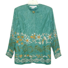 VTG Anne Crimmins Umi Collection Women's Green Floral Silk Jacket Blazer Size 10