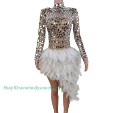 White Feather Sparkling Sequins Prom Dresses Women Irregular Bottom Gown Dress