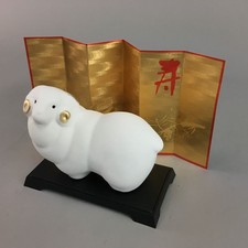 Statua pecora zodiaco ceramica giapponese vintage okimono bianco esposizione orientale BD419