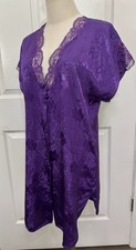 M L Vintage Purple Satin  Lace Jacquard Button Short Sleeve Nightgown Sleep