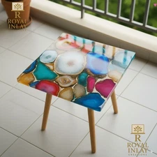 Colourful Agate Square Scalloped Table Handmade Luxury Gemstone Accent Table 18"