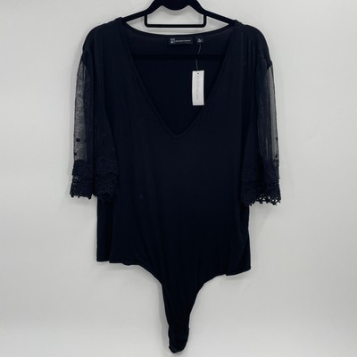 New NY&C Bodysuit Women's Black Size XL Second Skin Lace Sleeve V-Neck Thong