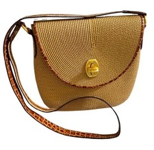 Eric Javits Tan Woven Handbag With Faux Croc Trim And Shoulder Strap