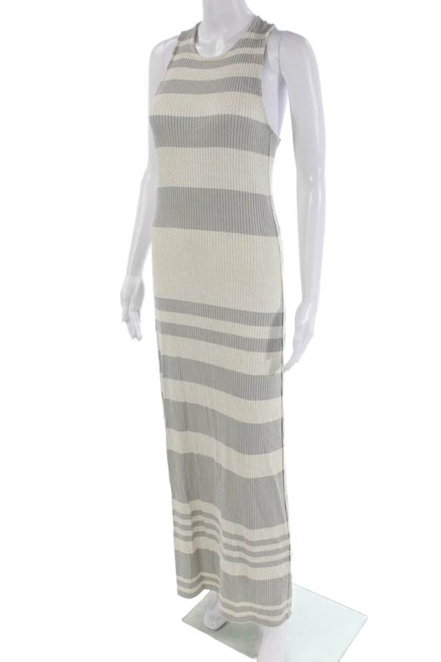 Espléndido Vestido Para Mujer Sin Mangas Cuello Redondo Tejido Rayas Gris Blanco Talla Pequeña Foto 2 de 4