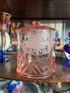 Paden City Glass Super Rare Cheriglo Pink Gothic Garden Cracker Jar & Cover!