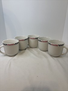 5 Coca-Cola Gibson 2002 Checkered Rim Coffee Tea Cups Mugs Vintage