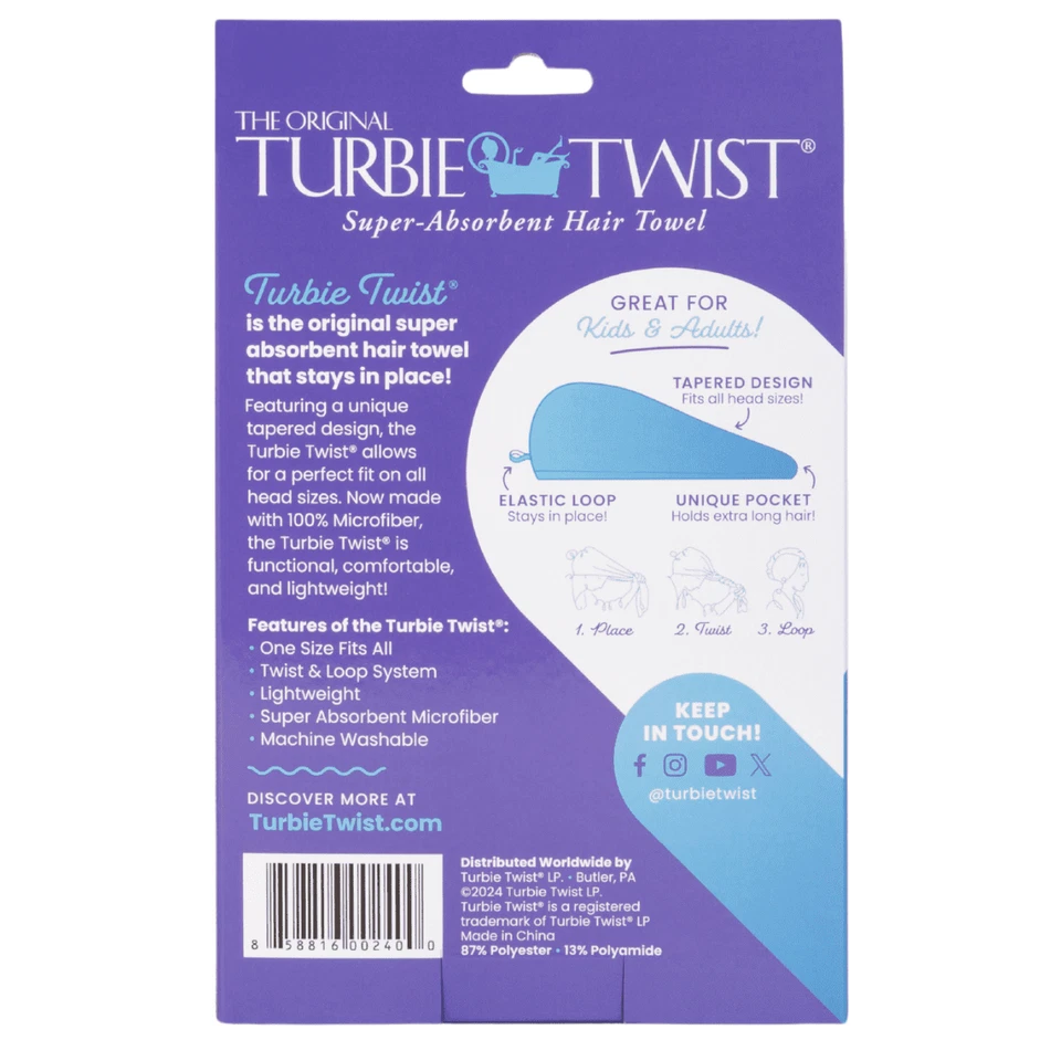 Turbie Twist Microfiber Hair Towel, Kids and Adults, Quick Dry, Peacock Blue - Image 4 of 4