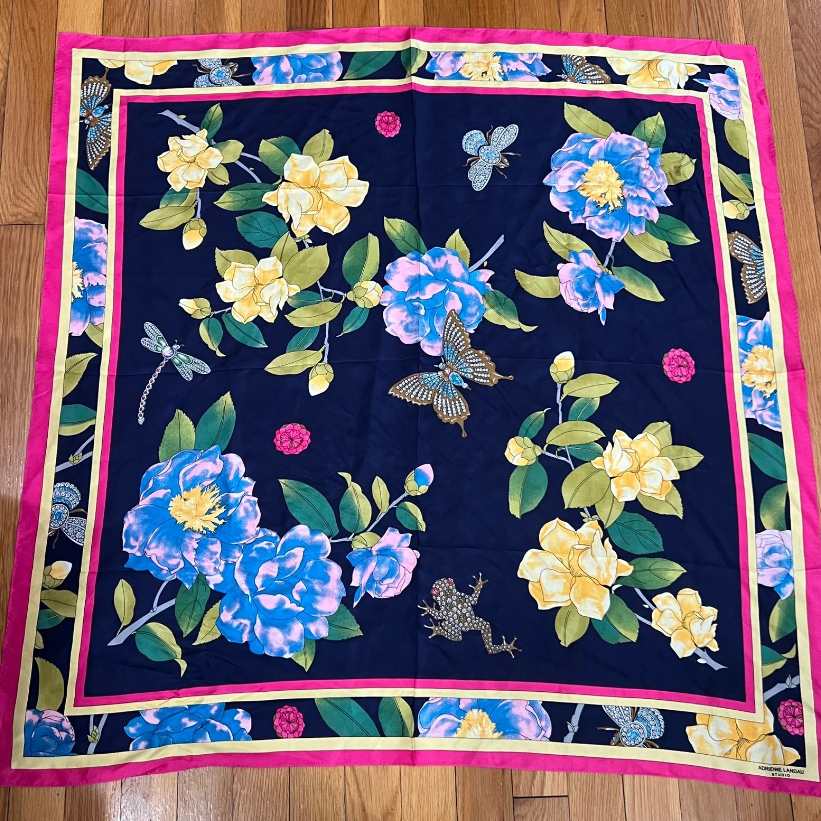ADRIENNE LANDAU 100% SILK FLORAL SCARF (jeweled butterfly,frog,dragonfly,bee)