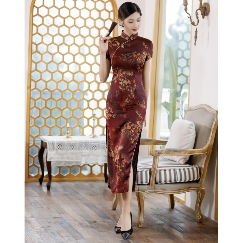 Abito Qipao Cinese Donna | Cheongsam In Broccato Floreale Con Maniche Corte - Foto 6