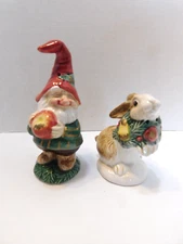Fitz & Floyd Woodland Santa Salt & Pepper Set Christmas Gnome Elf & Rabbit  1991
