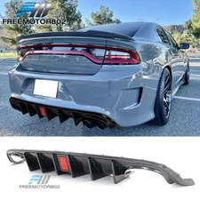 Fits 15-23 Charger V4 Carbon Fiber Print Quad Exhaust Rear Bumper Lip W/ Light
