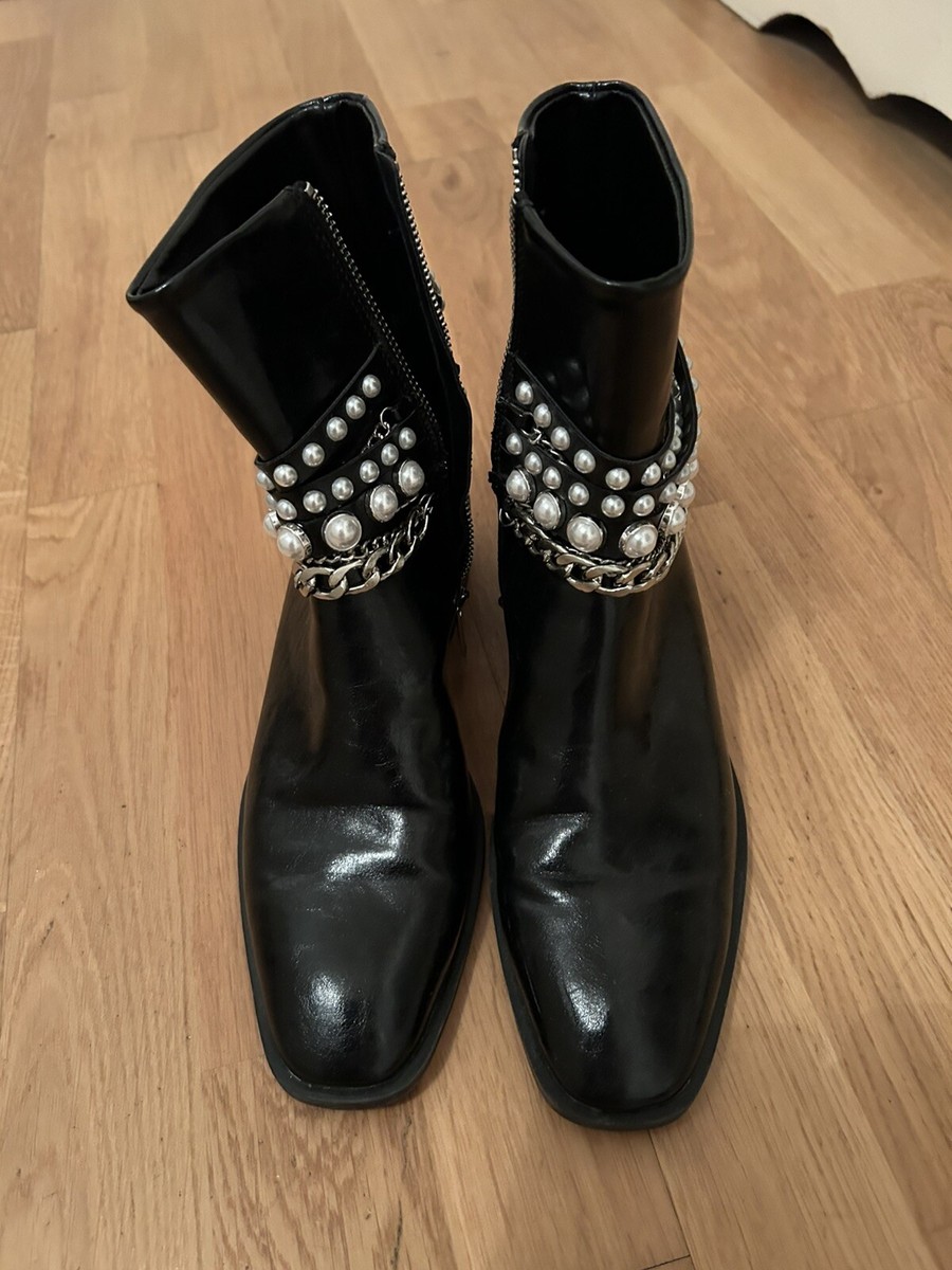 Ladies Zara Pearl And Chain Black Chelsea Boots With Zip Uk