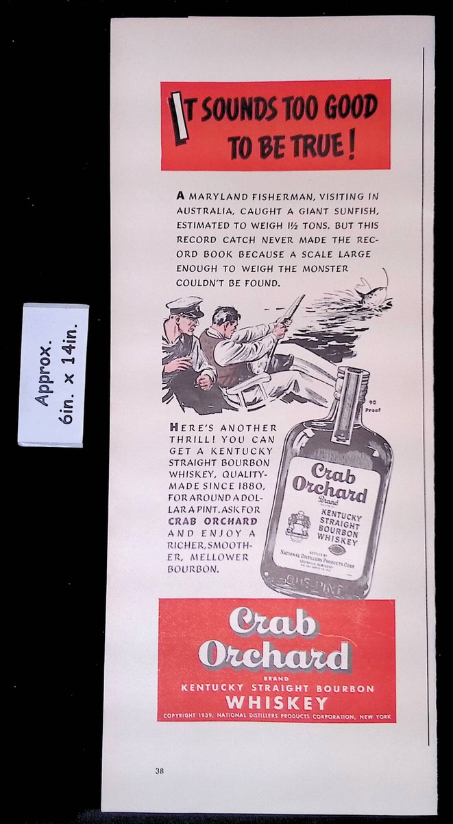 1939 Crab Orchard KENTUCKY STRAIGHT BOURBON WHISKEY Men Fishing