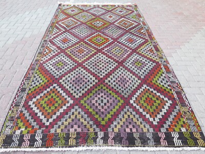 Embroidery Boho Rugs, Vintage Turkish Kilim, Large Floor Carpet, Kelim 69''x134''