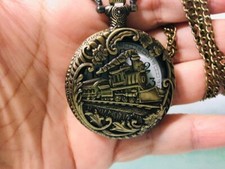 Men's Pocket Watch - "Vintage Locomotive Train" - Quartz Movement - Chain - NEW