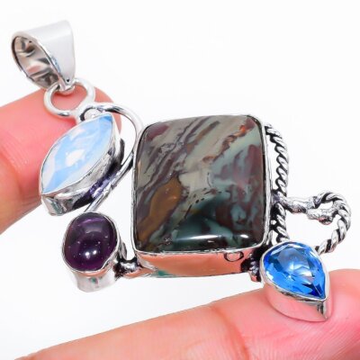 Drachen Jaspis, Opal Edelstein Unikat 925 Sterling Silber Schmuck Anhänger 2,52'' d3