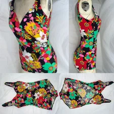 VTG 60S WOMENS M ONE PIECE FLORAL BLACK LOUD WRAP AROUND SWIM BATHING SUIT