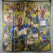 Vintage Abstract Square Scarf Landscape Village Watercolor Art Earth Tones 30x31