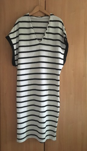 ZARA midi dress M side slit stripe white black Beach Kaftan - Picture 6 of 6
