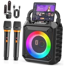  Karaoke Machine with Two Wireless Microphones, Portable Speaker with LED 