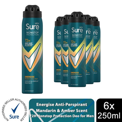 Sure Men Energise Deodorant Spray with 72H Nonstop Protection 250ml, 6 Pack - Picture 1 of 4