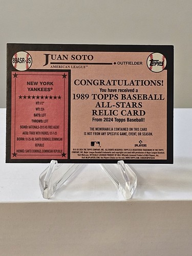 2024 Topps Juan Soto All Star Game Used Memorabilia 1989 Retro Card #89ASR-JS - Picture 2 of 2