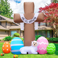 New 6FT Easter Inflatable Outdoor Decorations He Is Risen Cross, Build-In LED Li