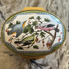 Halcyon Days Bilston Enamel Trinket Box Finch Garden Birds Spring Tree England R