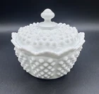 Vintage Fenton White Milk Glass Hobnail Scallop Edge Lidded Candy Dish Compote