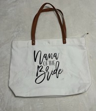 Lamyba Mama of the Bride White Canvas Tote Bag with Brown Handles