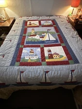 Vintage Feed Sack Hand Stitched Beautiful Light House Sailboat Quilt 87x83
