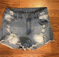SHEIN Blue Distressed Jean Shorts with Frayed Hem