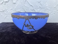 Antique Blue Peking Glass Signed Dragons Metal Holder Food Bowl