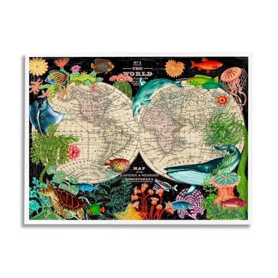 Vintage World Hemisphere Map Vibrant Animal Illustrations White Framed Wall A...