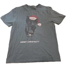 LIFE IS GOOD green "MERRY CHRISTMUTT" Dog Crusher Tee Men's Sz M. 