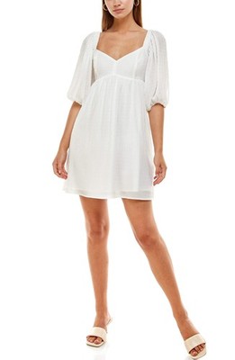 WAYF Ripton Puff Sleeve Babydoll Dress - Ivory