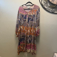 Davi & Dani Boho Patchwork Print Midi Dress M 100% Rayon Peasant Long Sleeve