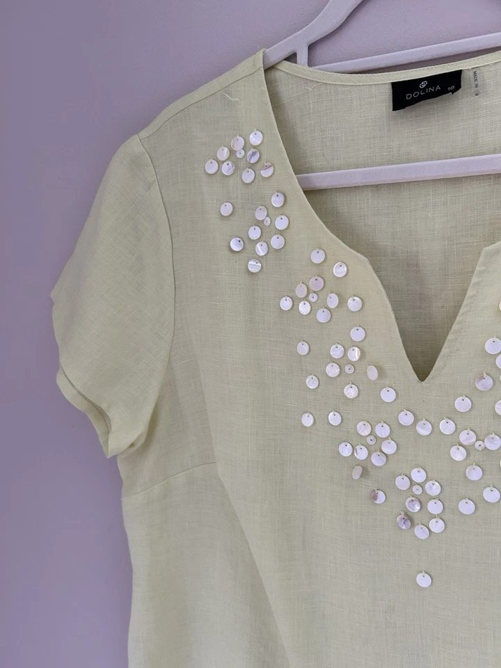 Dolina Womens Linen Top Size 16 Lime Green Shells Sleeveless Summer Holiday - Image 4 of 4