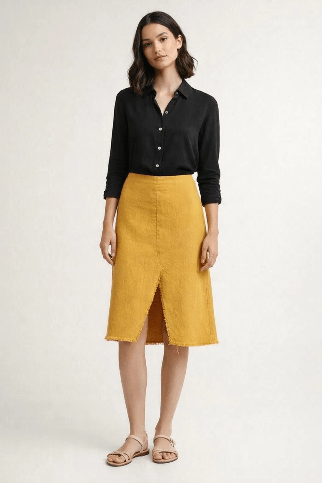 Anthropologie JOA Mustard Linen Blend Skirt S Raw Hem Slit NWT