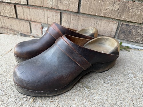 Vintage Leather Wooden Clogs Brown Slip On Shoes Handmade Size 44