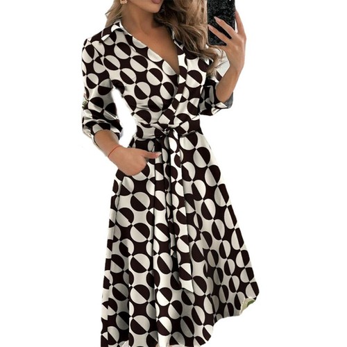 Womens Long Sleeve Belted Midi Dress Ladies V Neck Party Formal Work OL Dress M - Picture 10 of 22