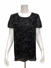 H by Halston Short Sleeves Printed Top with Hi-Low Hem Black Medium Size  